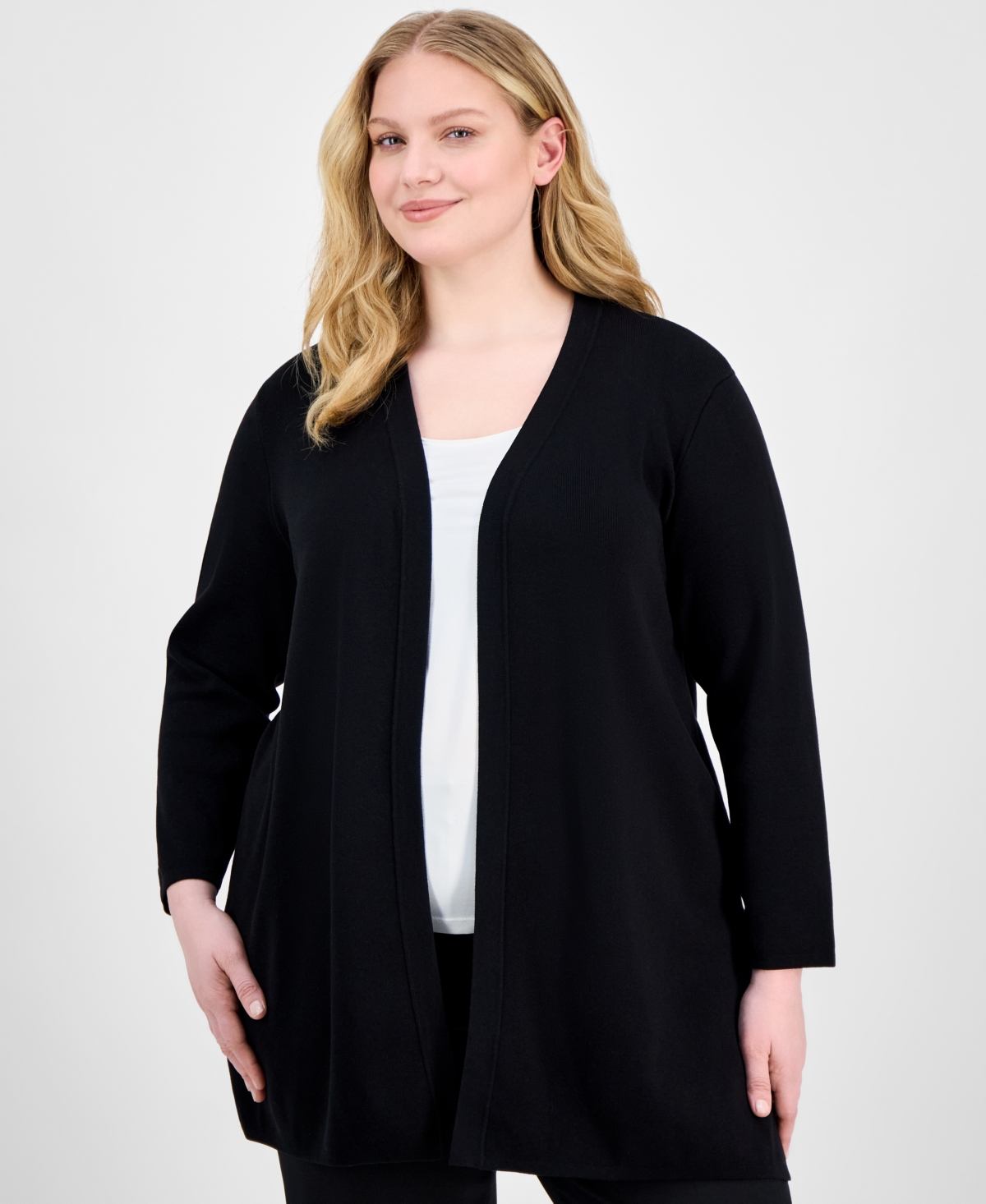 AK ANNE KLEIN PLUS SIZE OPEN-FRONT LONG-SLEEVE SIDE-SLIT CARDIGAN 