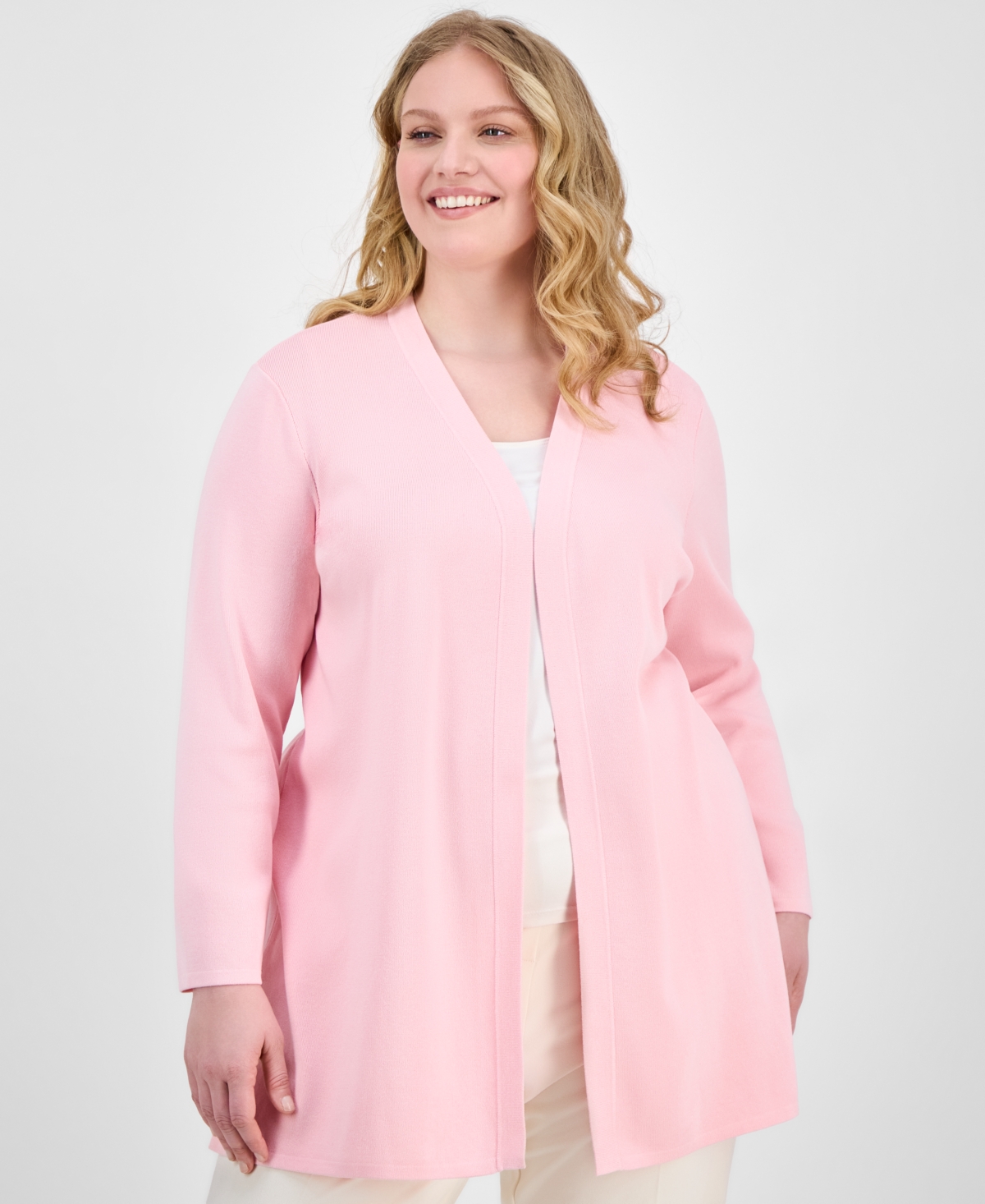 AK ANNE KLEIN PLUS SIZE OPEN-FRONT LONG-SLEEVE SIDE-SLIT CARDIGAN 