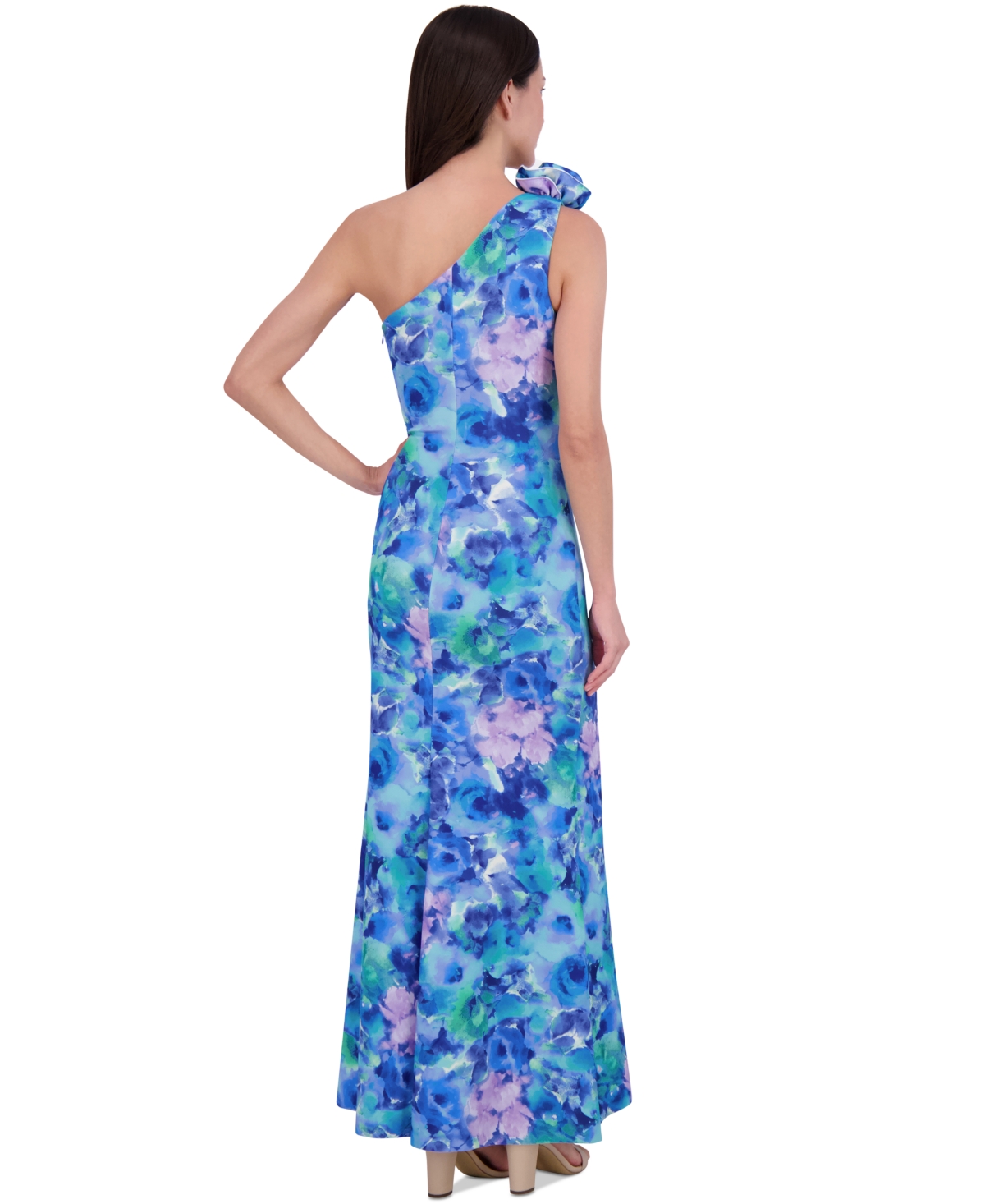 ELIZA J WOMEN'S PRINTED ROSETTE ASYMMETRIC ONE-SHOULDER GOWN 