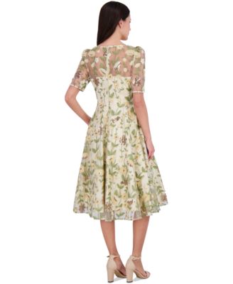 Eliza J Women's Embroidered Puff-Sleeve Fit & Flare Midi Dress - Macy's