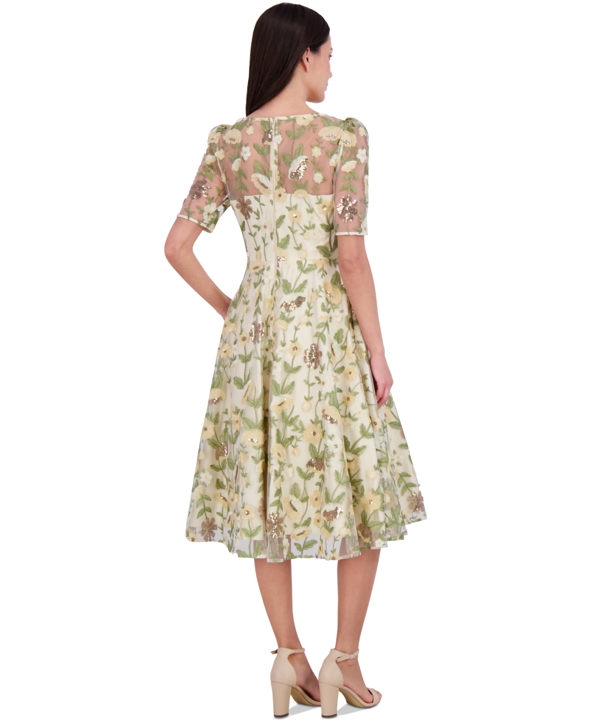 Eliza J Women's Embroidered Puff-sleeve Fit & Flare Midi Dress In Yellow