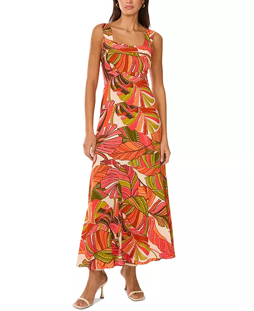 women's printed square neck tiered maxi dress