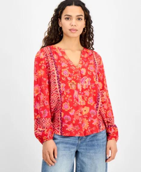 Petite Mixed-Print Button-Front Blouse - Red, Orange Floral