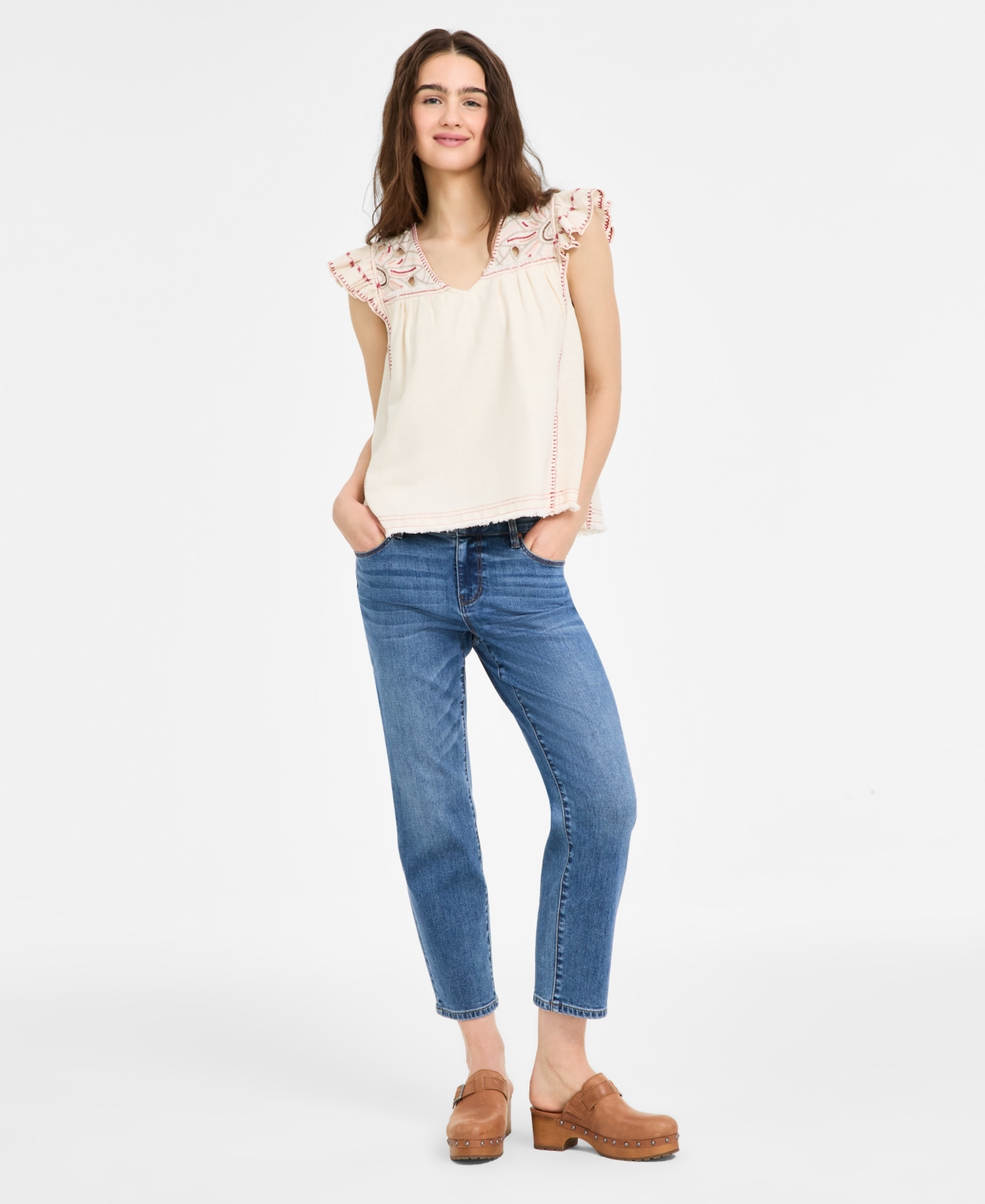 Liverpool Los Angeles Flutter Sleeve Top In Bone With Multi Embroidery