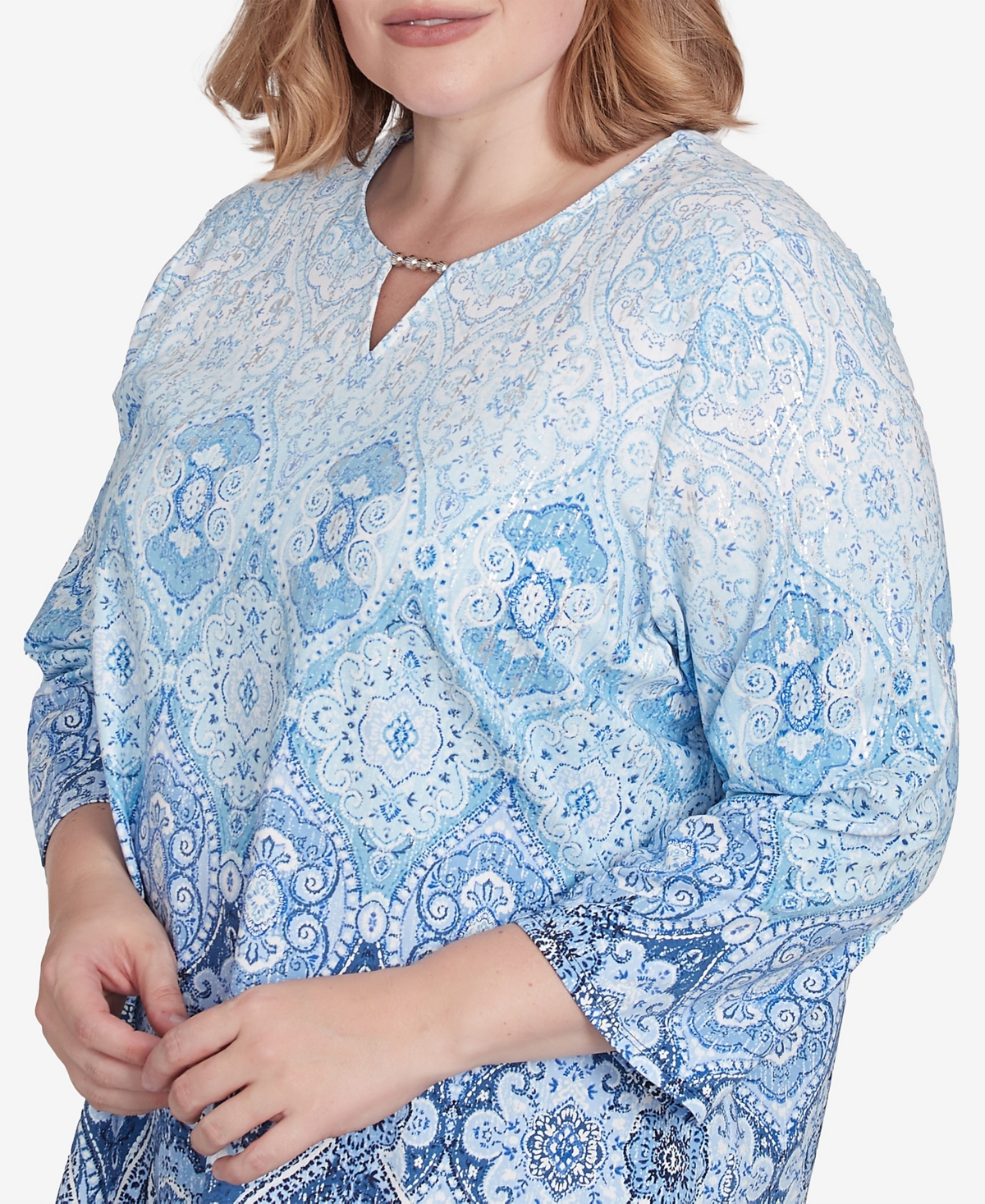 Alfred Dunner Plus Size Classic Split Beaded Neck Ombre Medallion Top In Navy