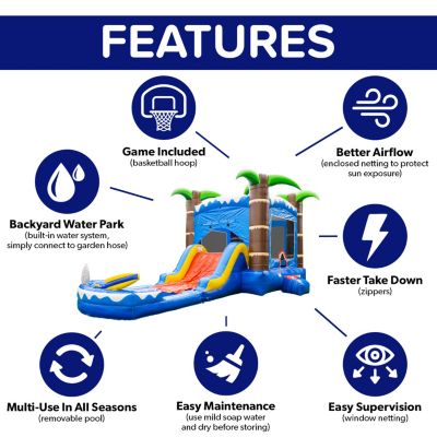 HeroKiddo Ocean Shark Commercial Grade Inflatable Bounce House Water Slide Combo with Attached Splash Pool (No Blower Included)