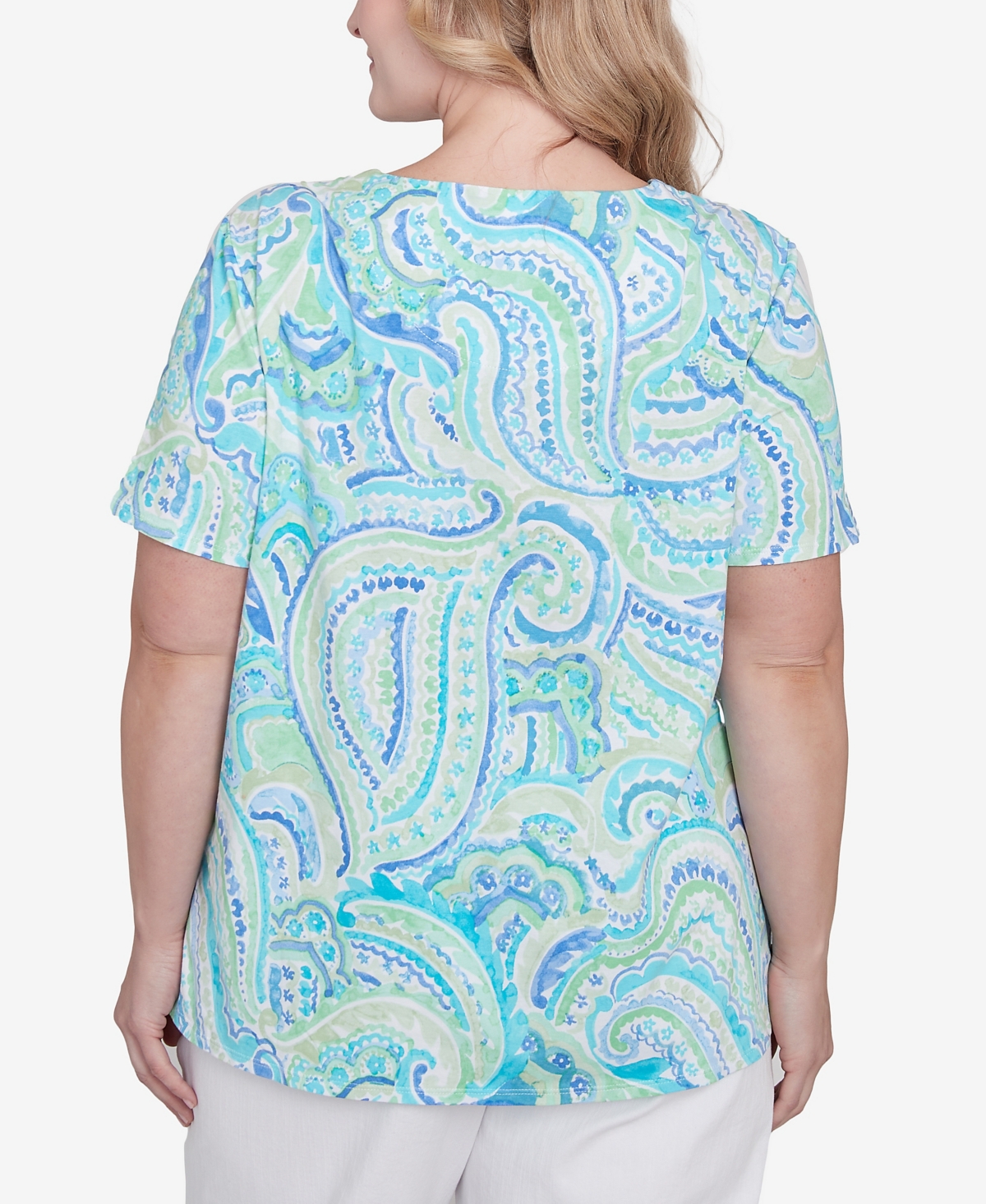 Alfred Dunner Plus Size Pleated Crew Neck Paisley Top In Multi Blue