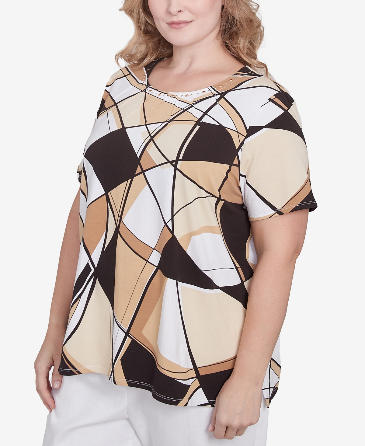 Alfred Dunner Plus Size Geometric Top With Detailed Neckline In Black,tan