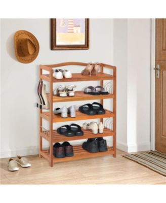 5-Tier Acacia Wood Shoe Rack with Side Metal Hooks