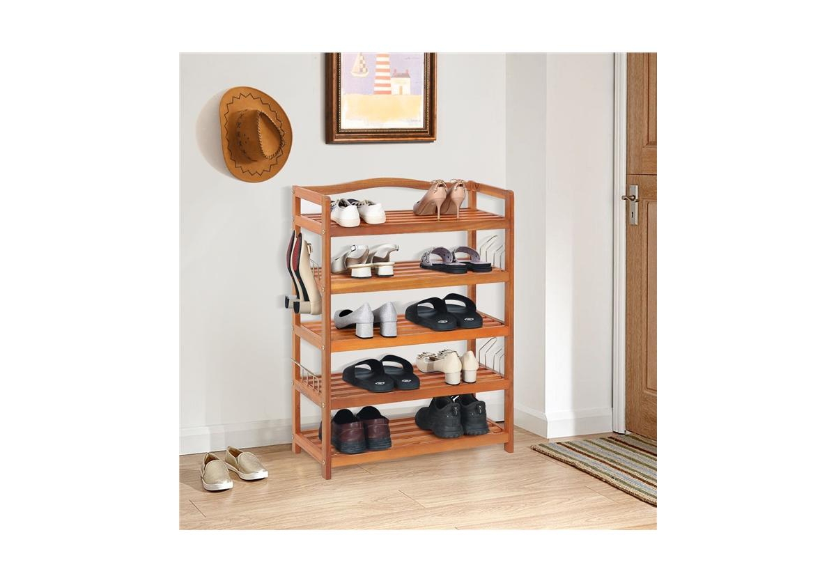 5-Tier Acacia Wood Shoe Rack with Side Metal Hooks