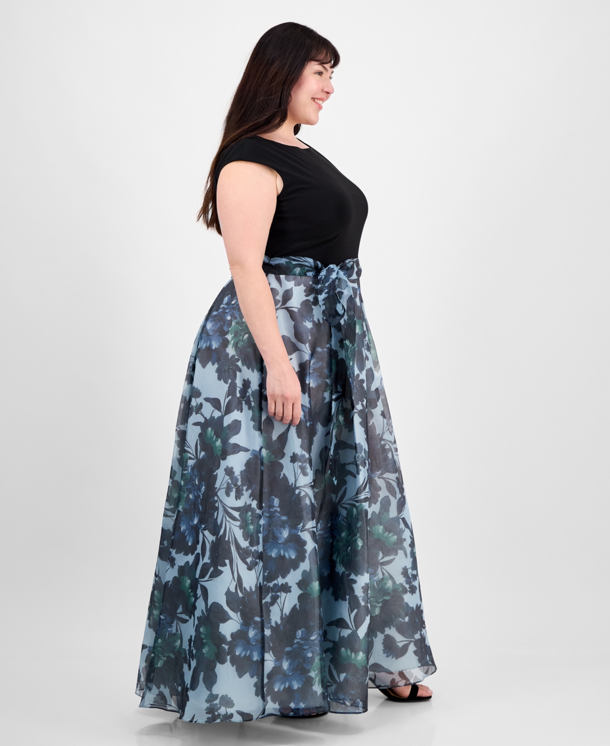 Shop Sl Fashions Plus Size Tie-front Printed Organza Ballgown In Black Multi