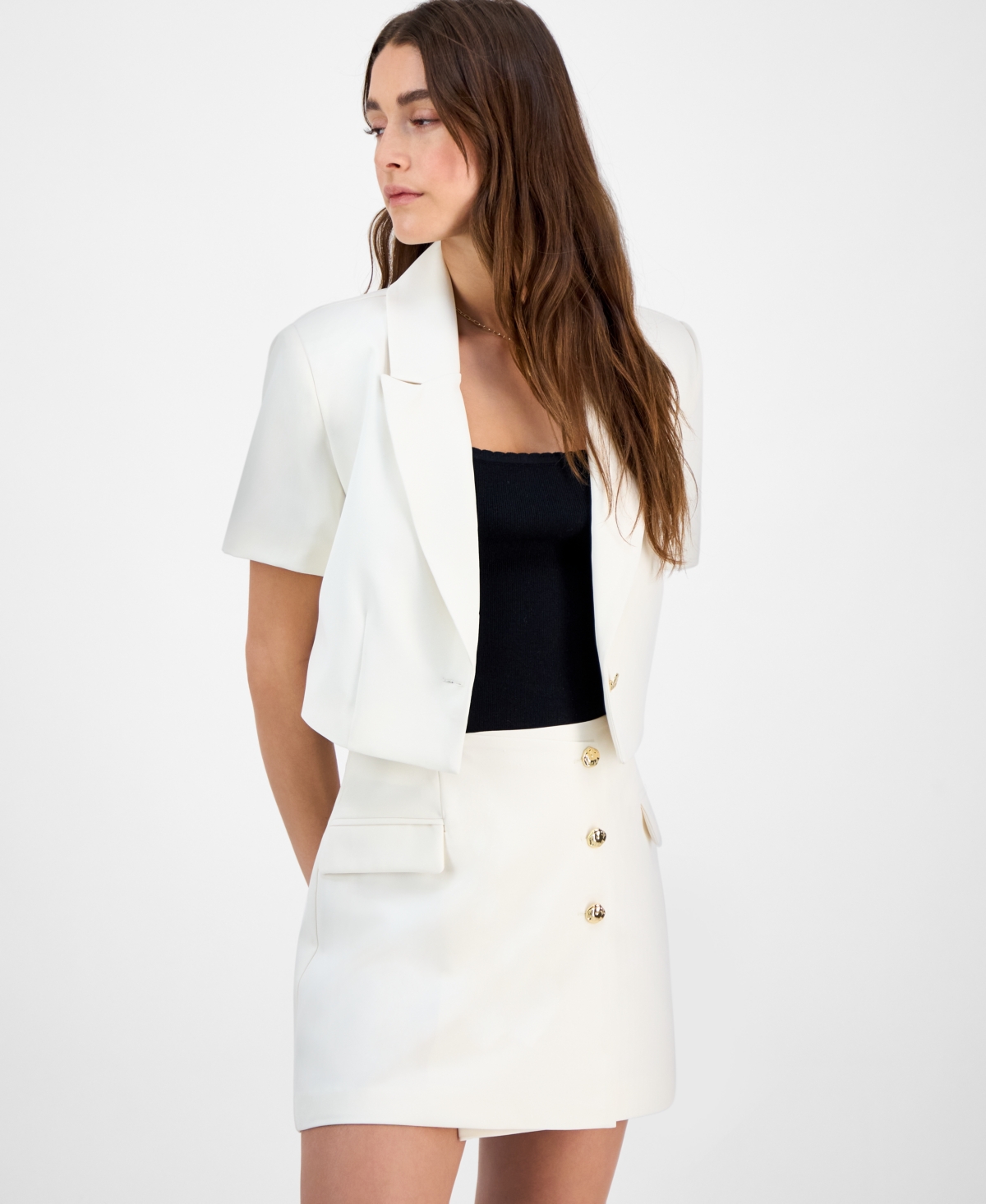 Bar Iii Women's Cropped Blazer-style Short-sleeve Top, Exclusively At Macy's In Ivory Cloud
