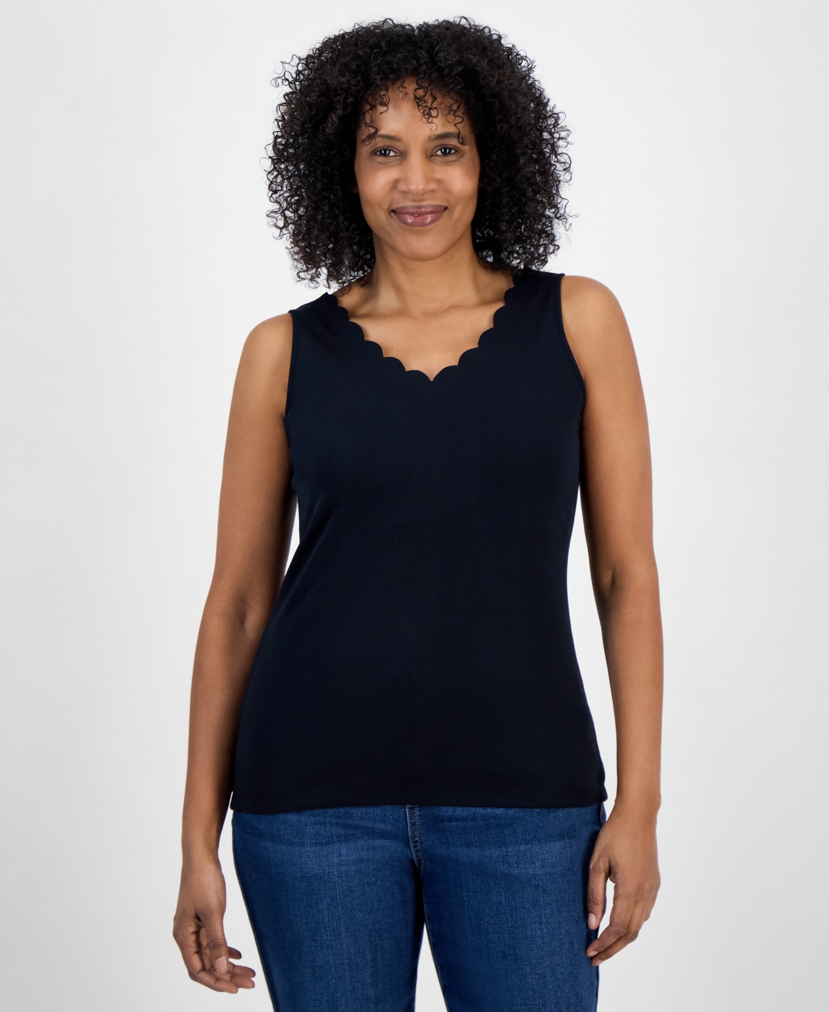 Style & Co Women's Cotton Scalloped V-neck Sleeveless Top, Exclusively At Macy's In Deep Black
