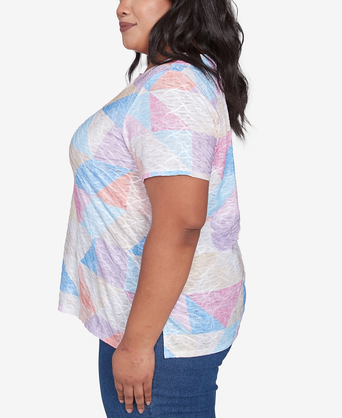 Alfred Dunner Plus Size Geometric Patchwork Crew Neck Top In Pastel