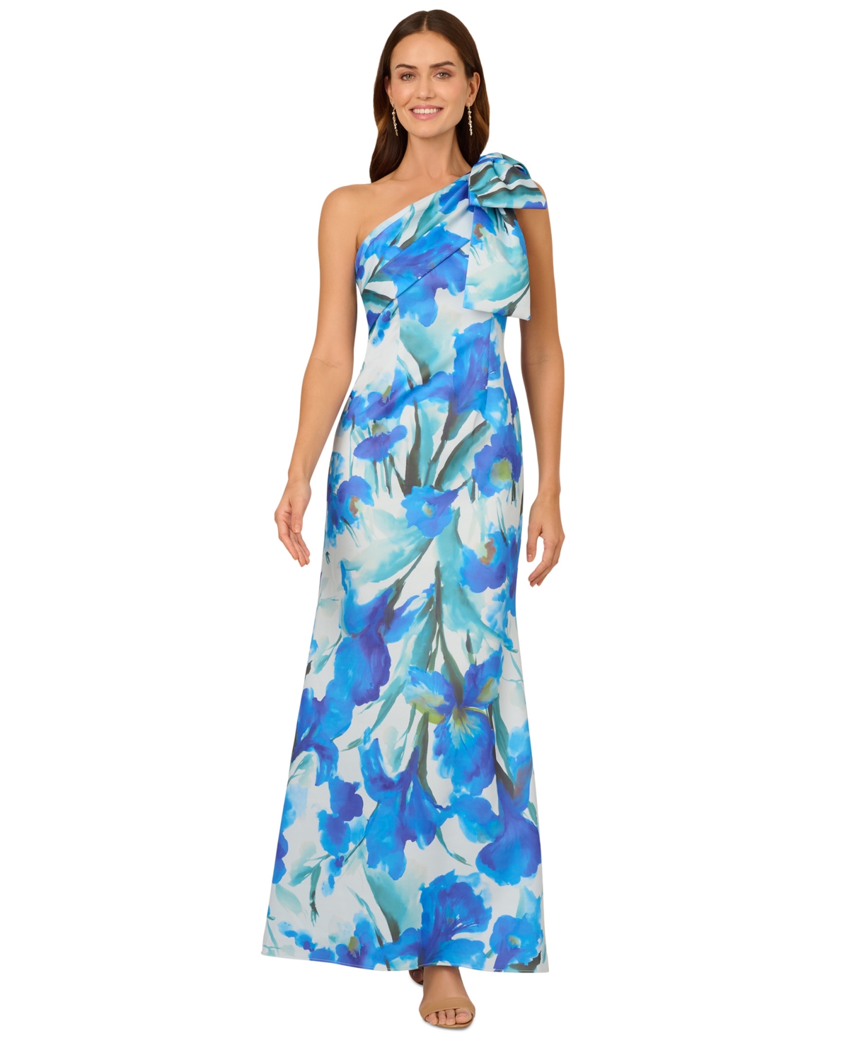 ADRIANNA PAPELL PETITE PRINTED BOW ONE-SHOULDER GOWN 