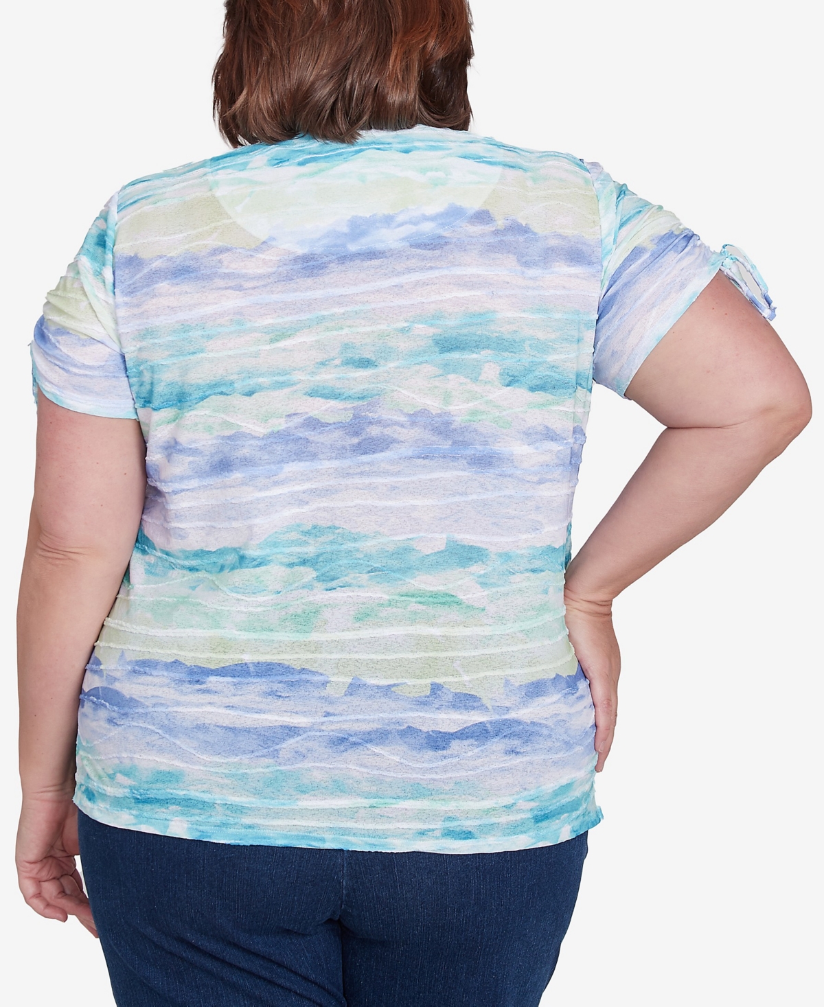 Alfred Dunner Plus Size Tied Short Sleeves Watercolor Top In Blue