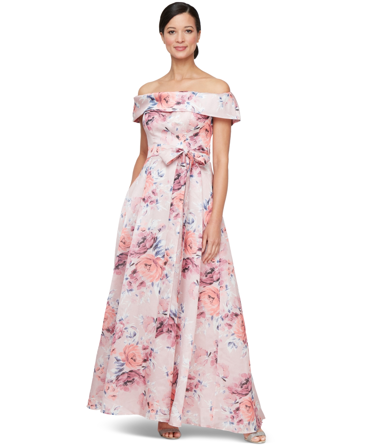 Alex Evenings Metallic Floral Jacquard Off The Shoulder Gown In Blush Multi