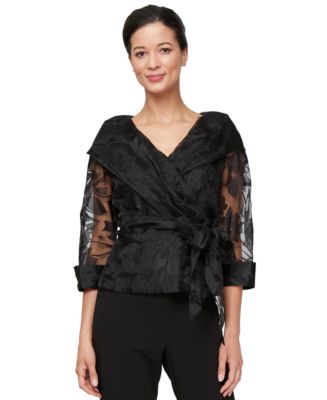 売れ筋商品|||アレックスイブニングス カットソー トップス レディース Women's Portrait-Neck Burnout-Organza Blouse Black Alex Evenings Women's Portrait-Neck Burnout-Organza Blouse