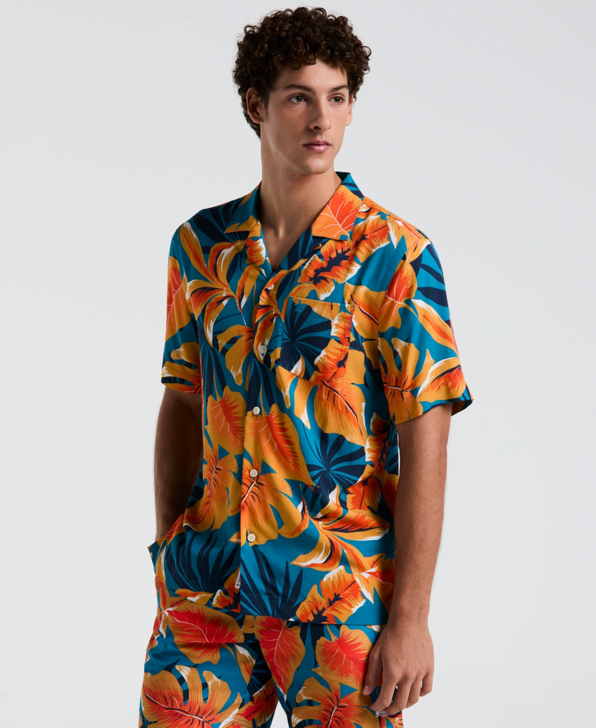 Men's Slim-Fit Tropical Leaf-Print Button-Down Camp Shirt - Mosaic Blue
