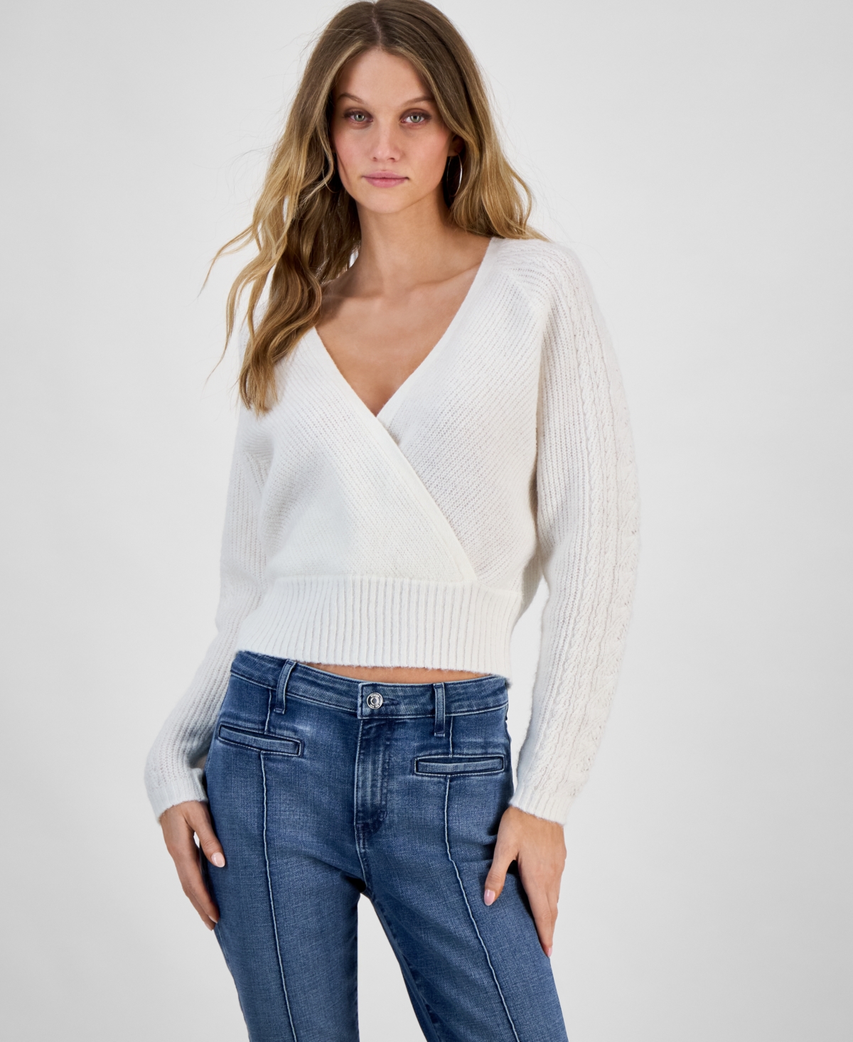 GUESS WOMEN'S KELLIE SURPLICE CABLE-SLEEVE SWEATER 