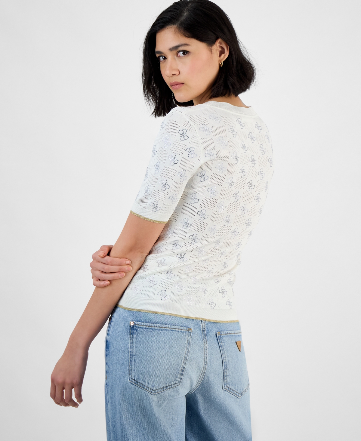 GUESS WOMEN'S ROSIE FOUR-G RHINESTONE SHORT-SLEEVE SWEATER 