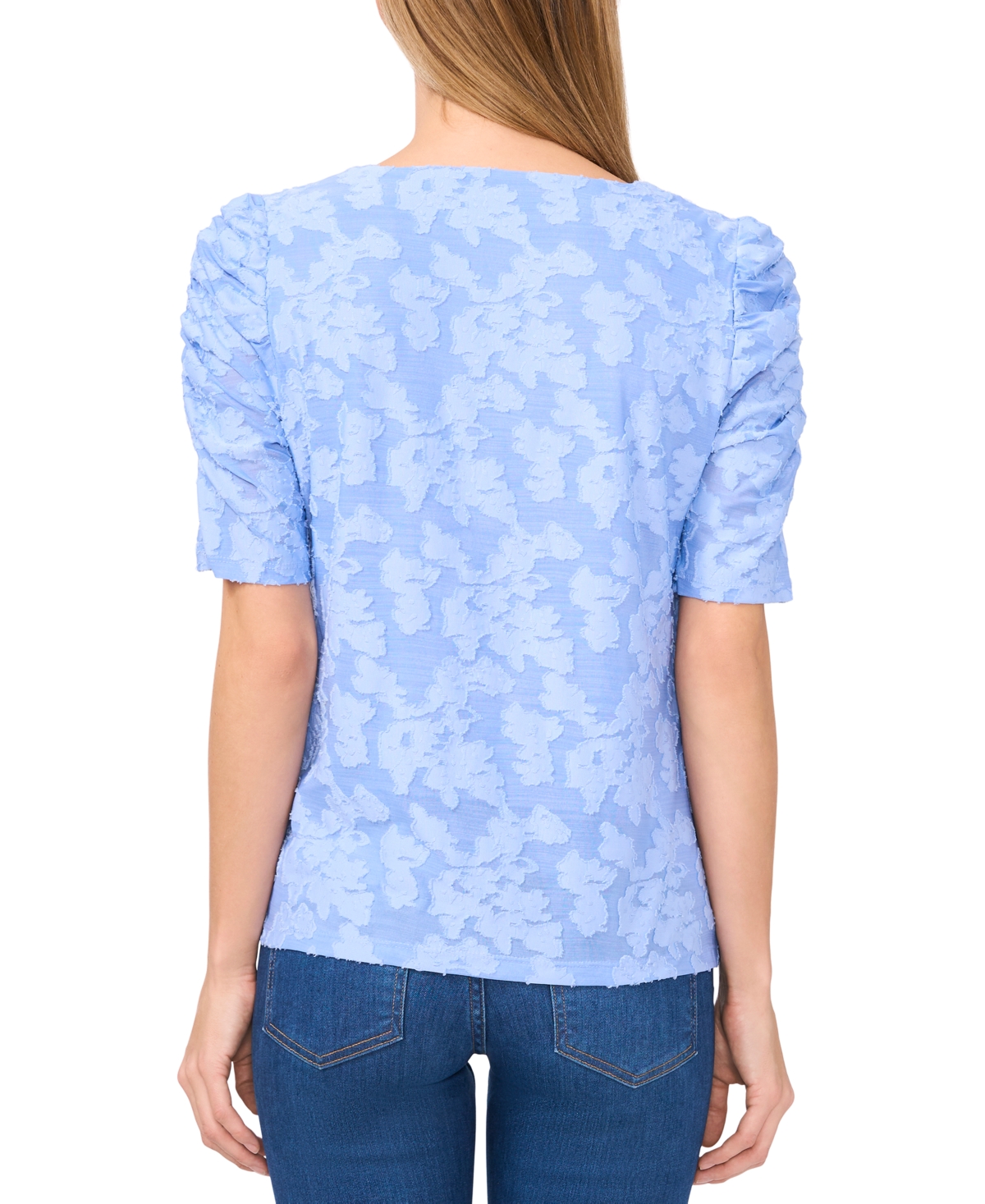 Shop Cece Women's Round-neck Ruched Elbow-sleeve Top In Vista Blue