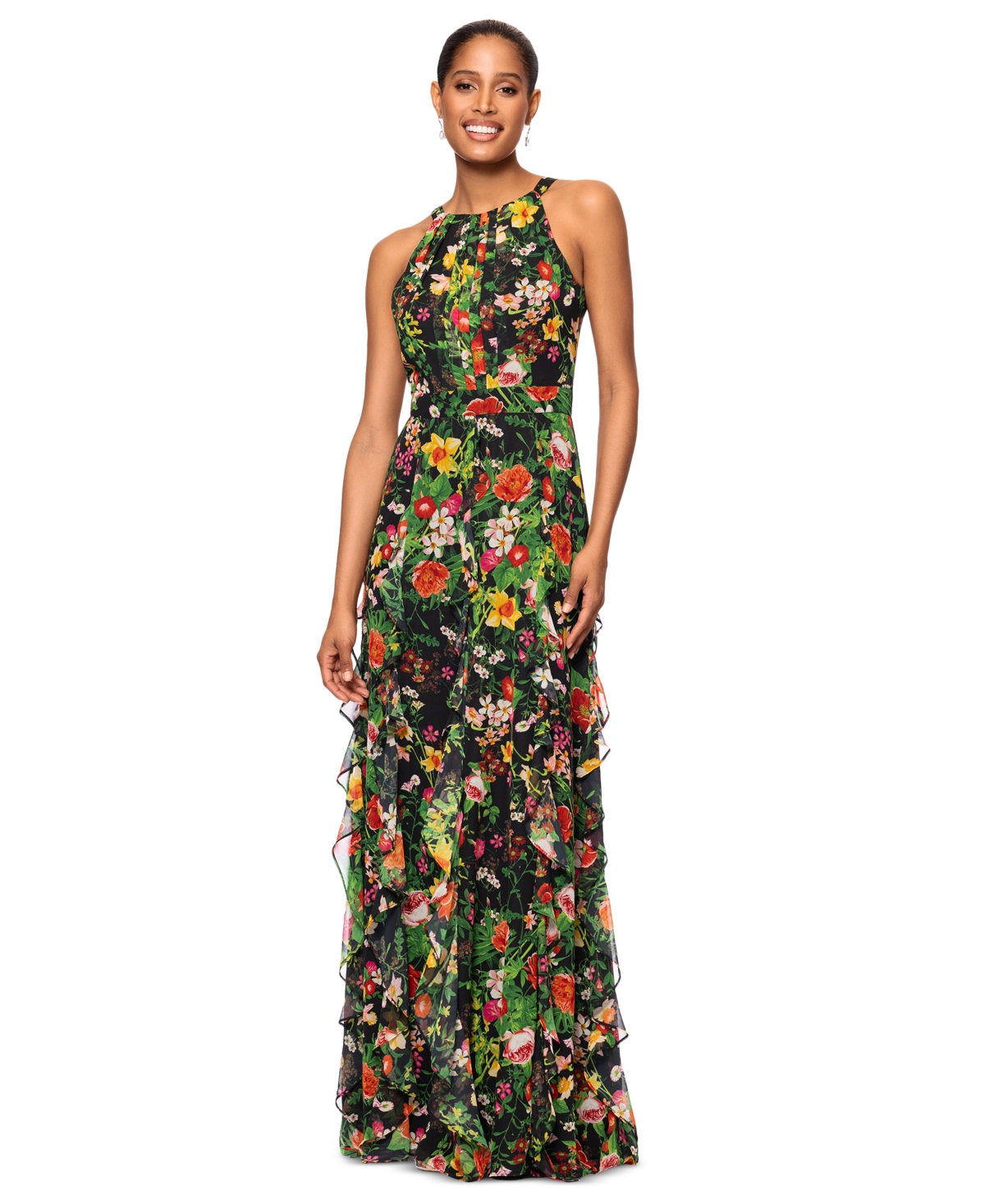 BETSY & ADAM PETITE PRINTED RUFFLED HALTER-NECK GOWN 