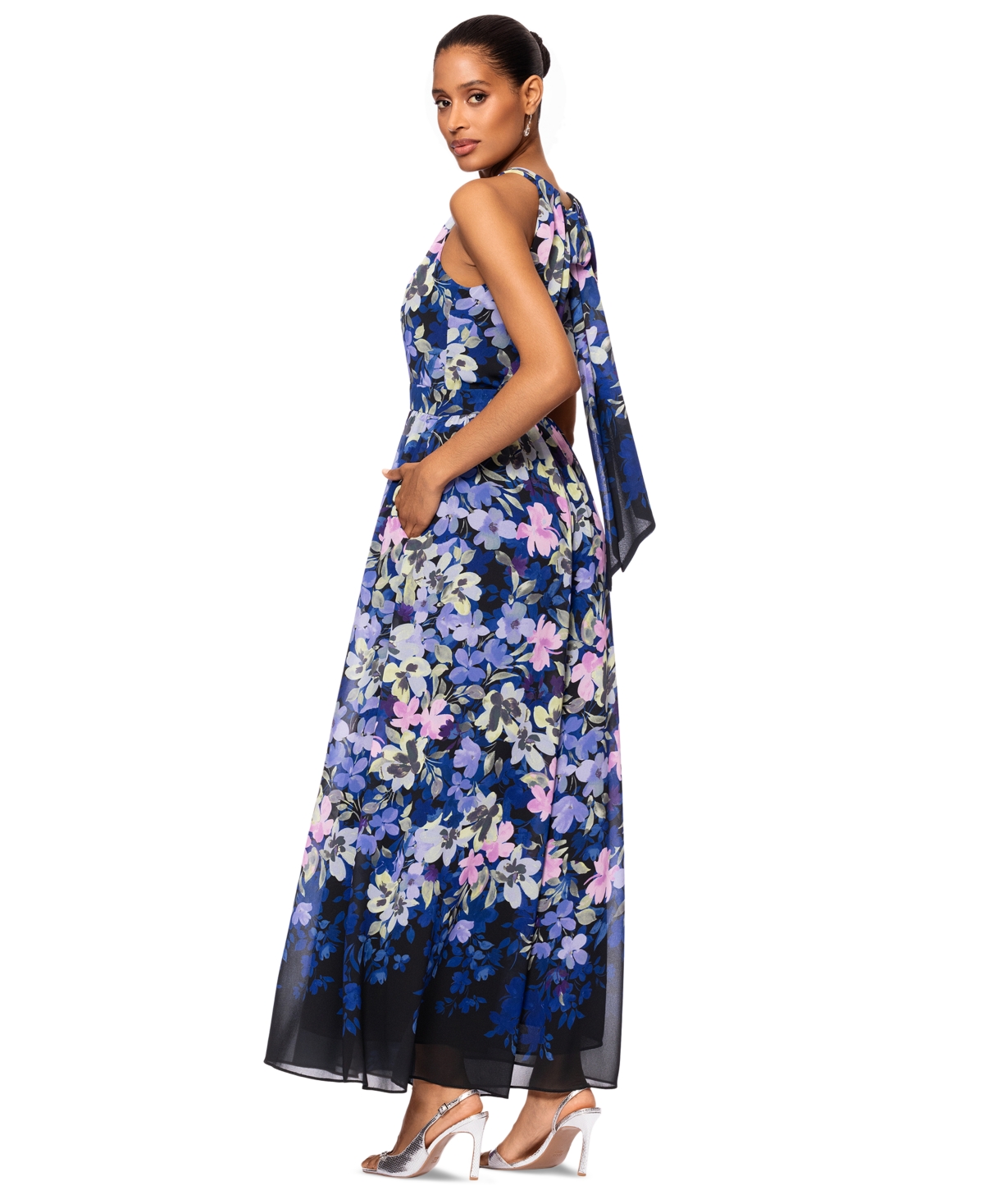 Betsy & Adam Petite Printed Halter Sleeveless Wide-leg Jumpsuit In Black,blue