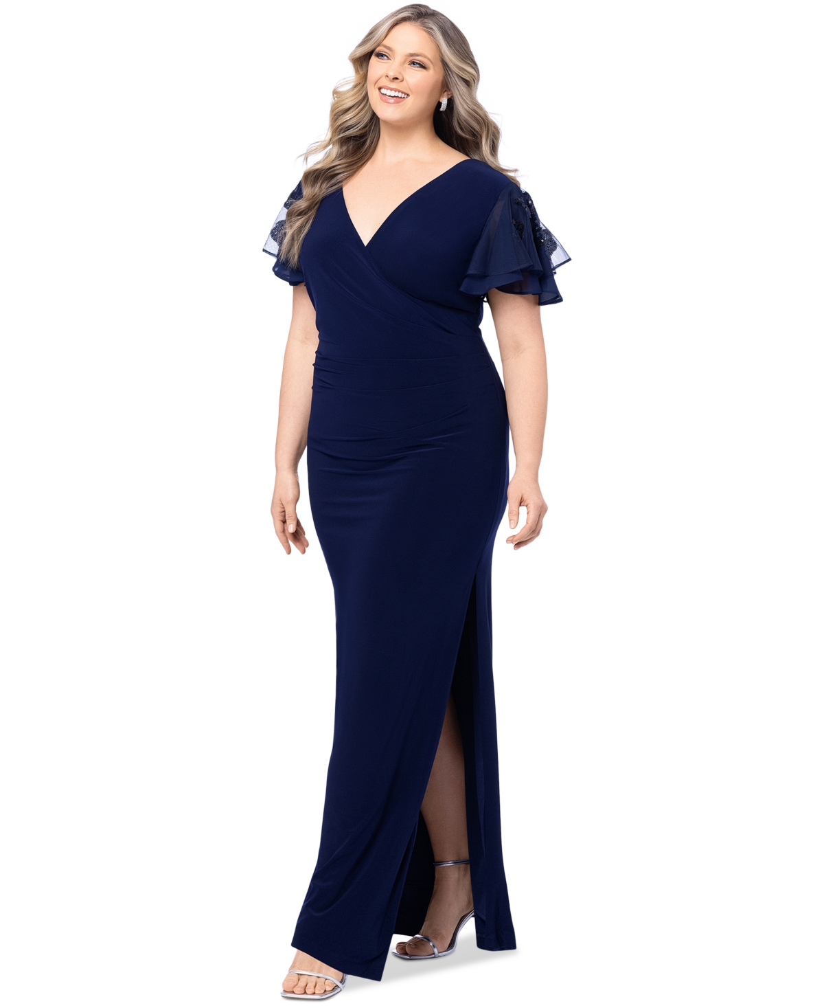 BETSY & ADAM PLUS SIZE FLUTTER-SLEEVE SURPLICE-NECK GOWN 