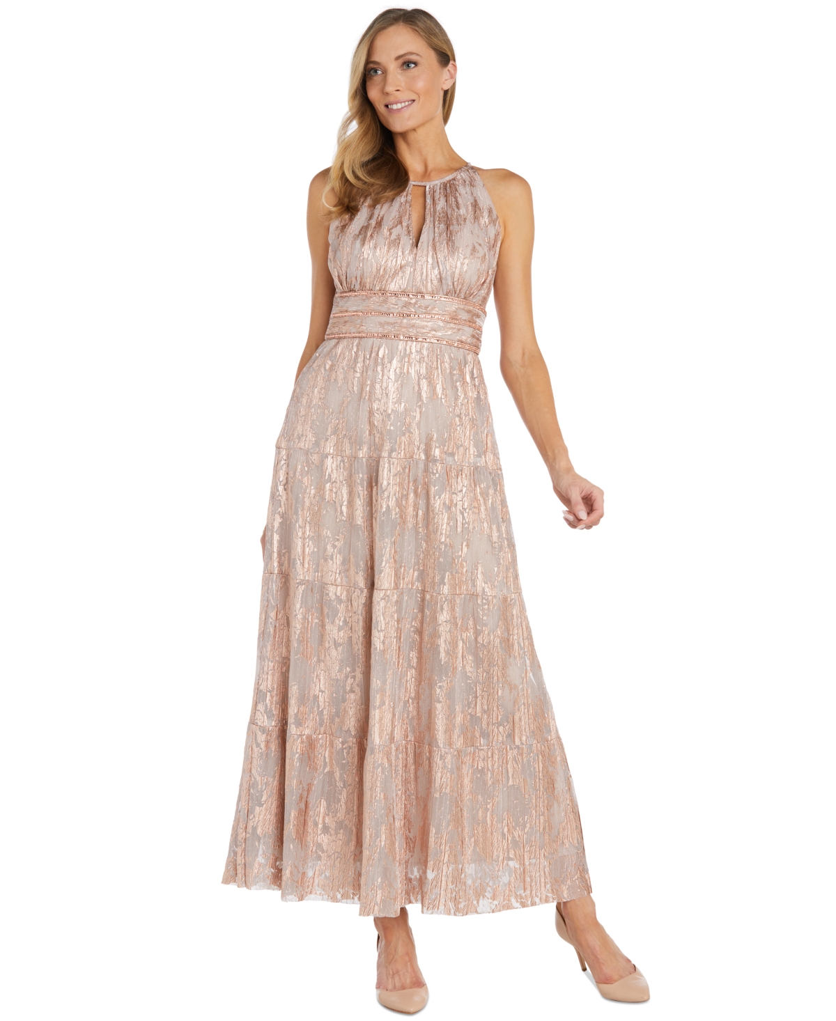 Women's Foil Printed Tiered Halter Dress - Sage/Silver