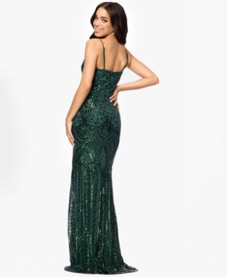 Juniors' Sequin Draped-Neck Side-Slit Gown