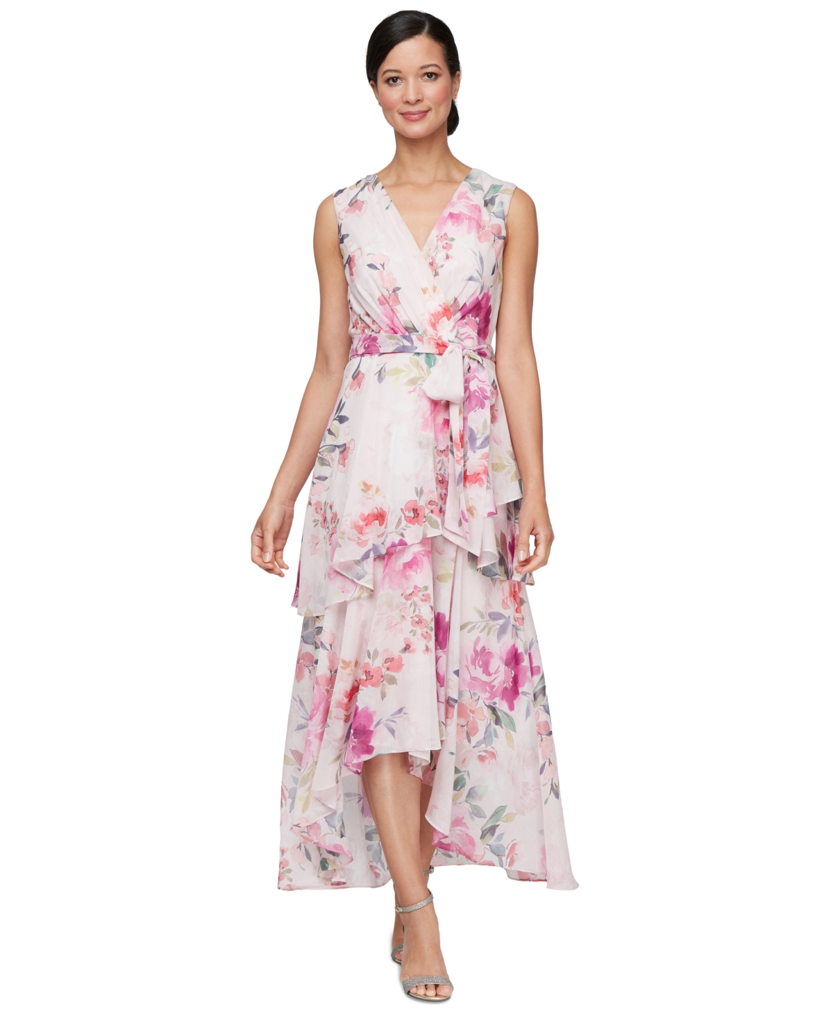 Women's Floral-Print Chiffon High-Low Dress - Pink/White