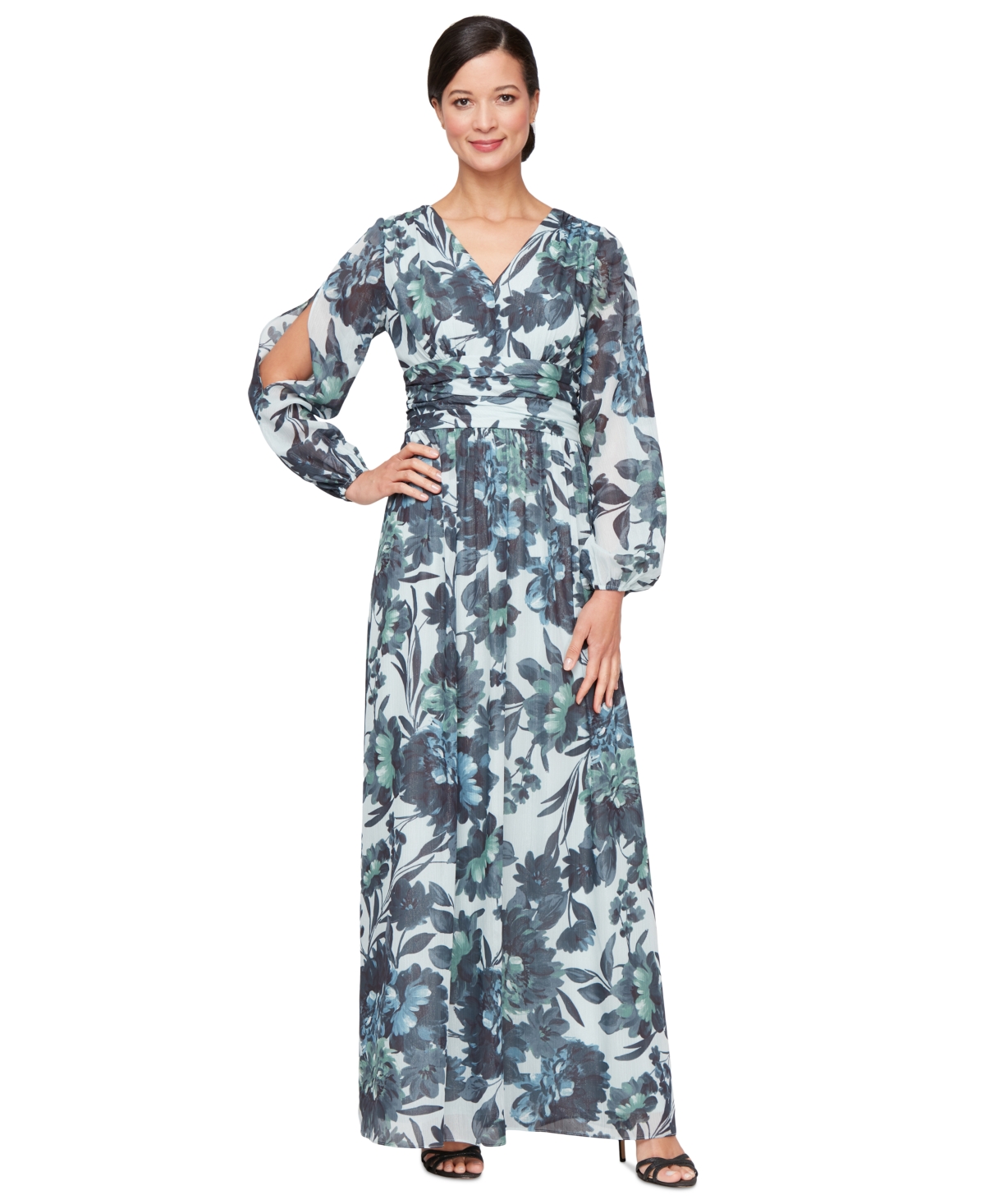 Shop Sl Fashions Petite Floral-print Blouson-sleeve Gown In Blk Multi