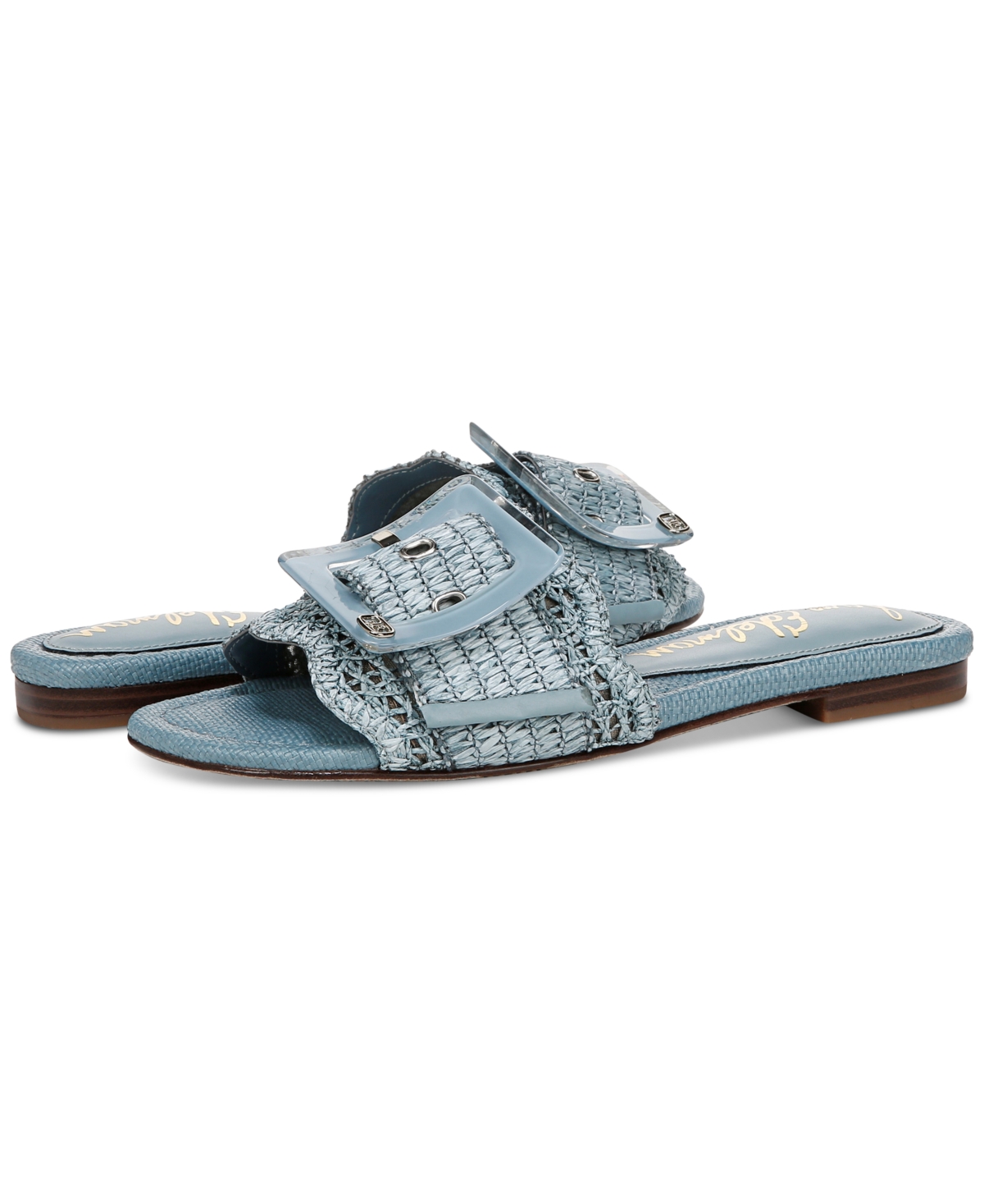 Shop Sam Edelman Women's Bambi Raffia Buckle Slide Sandals In Coastal Blue