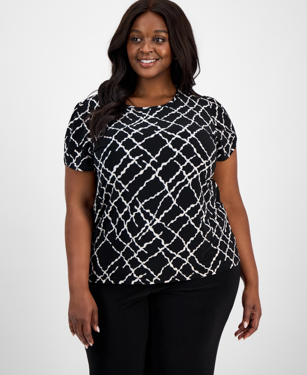 AK ANNE KLEIN PLUS SIZE PRINTED TULIP-SLEEVE BLOUSE 