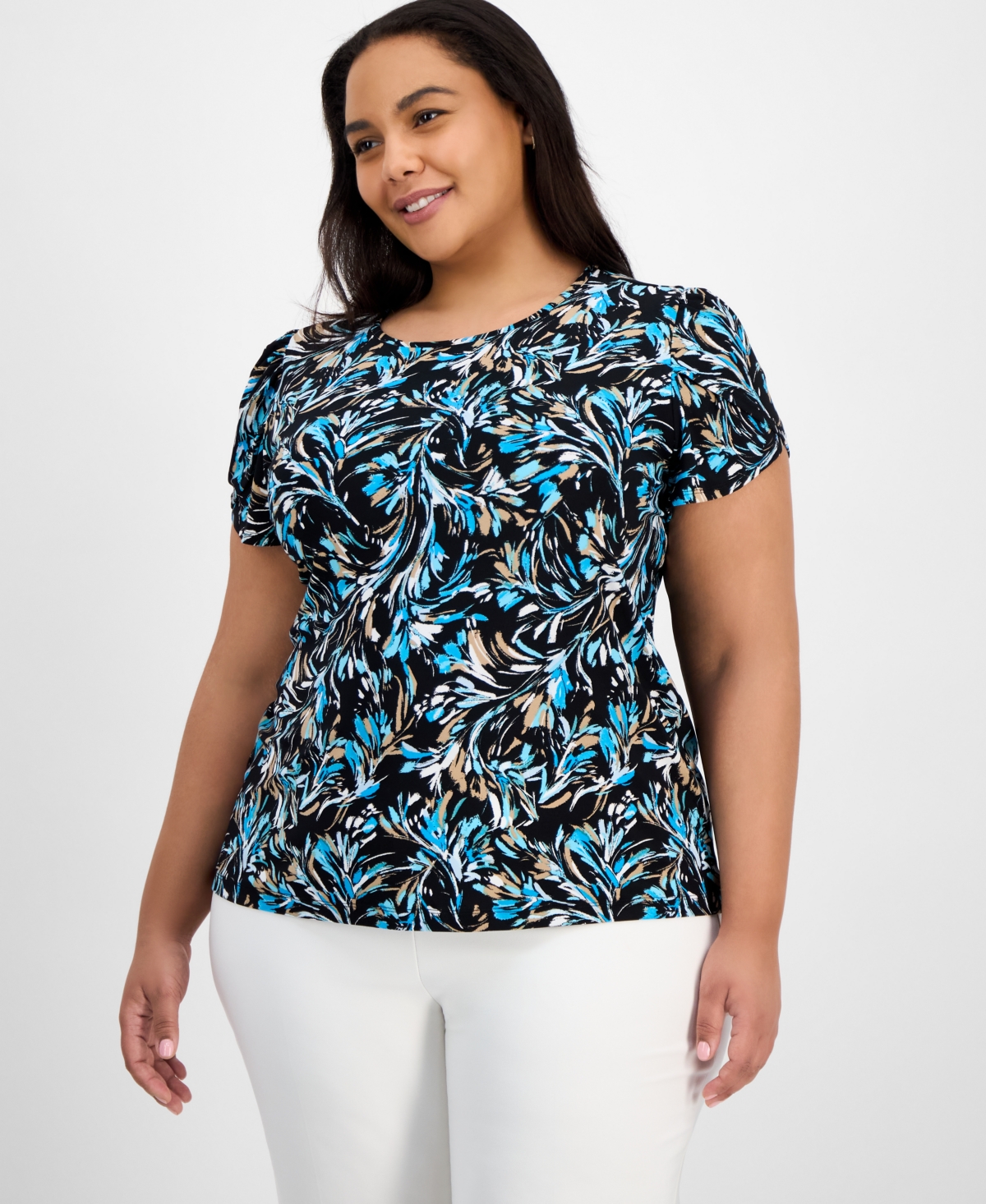 AK ANNE KLEIN PLUS SIZE PRINTED TULIP-SLEEVE BLOUSE 