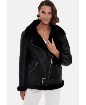 Women's Biker Jacket, Silky Black Shearling with Black Wool
