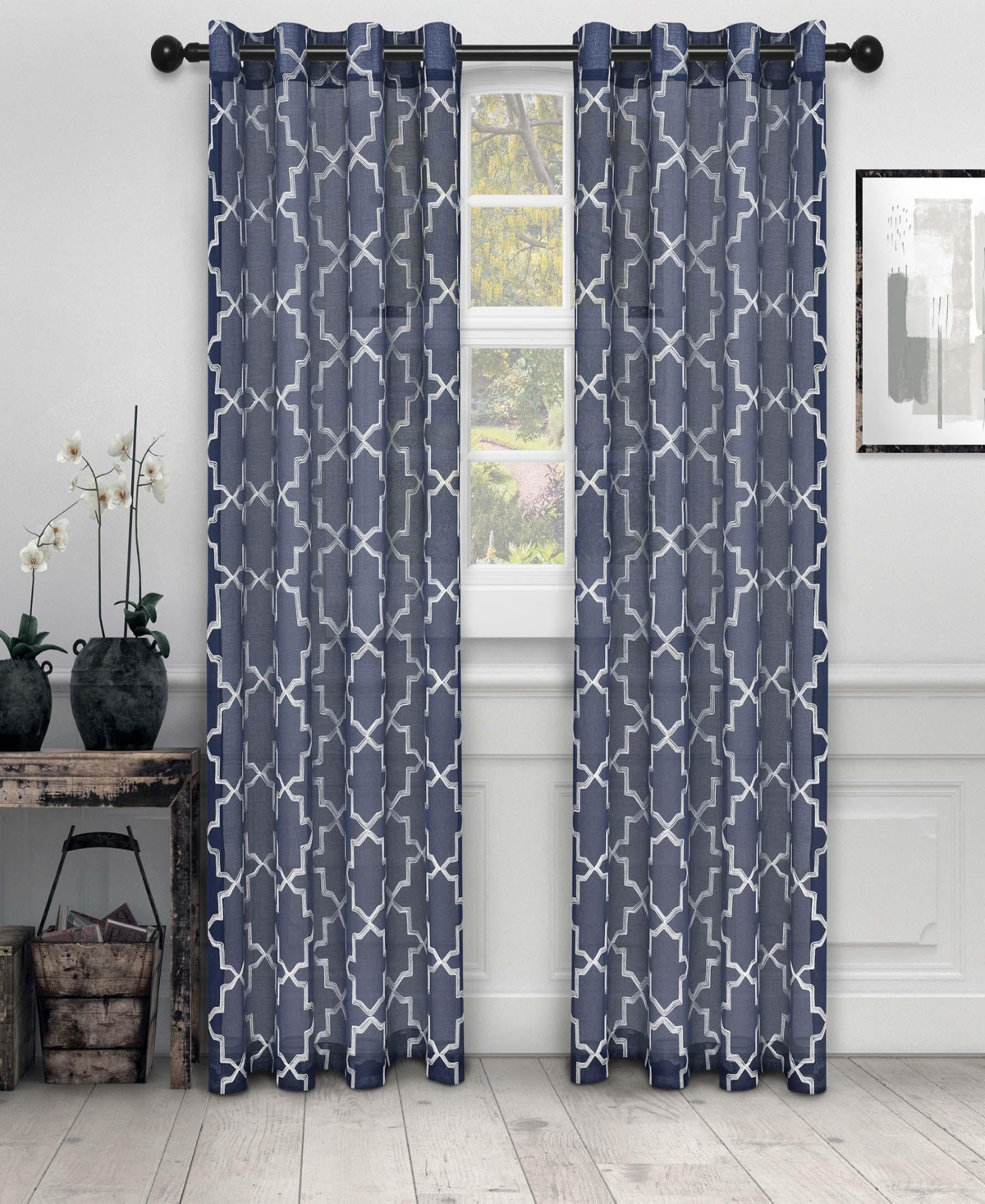 Quatrefoil Modern Geometric Window Curtain Panel Set with Grommet Header, 42X63 - Navy blue