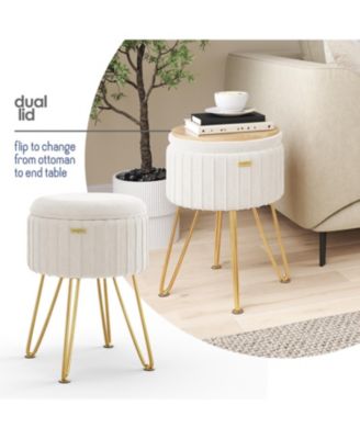 Pleated Velvet Round Ottoman with Storage – Modern Foot Stool, Makeup Vanity Stool, Small Ottoman Foot Rest