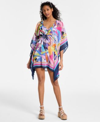 Womens Living Color Ruched One Piece Swimsuit Caftan Swim Cover Up