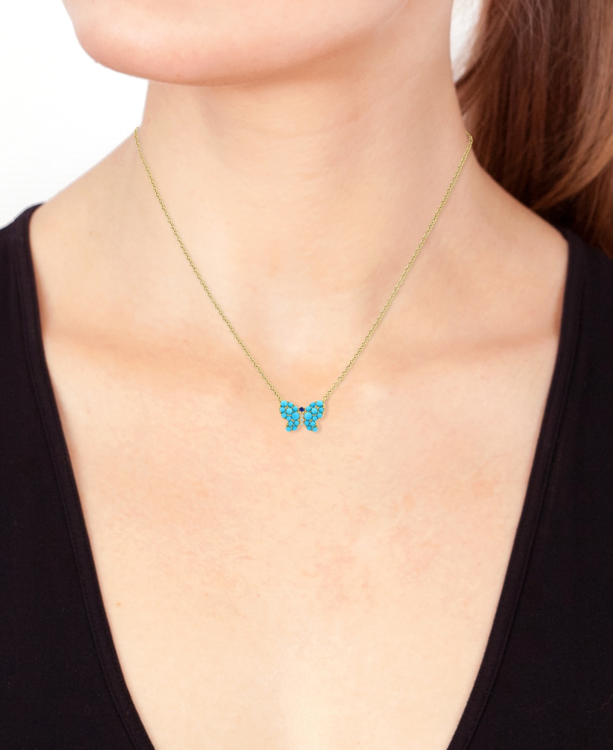 EFFY COLLECTION EFFY TURQUOISE, SAPPHIRE ACCENT, & DIAMOND ACCENT BUTTERFLY PENDANT NECKLACE IN 14K GOLD, 17" + 1" E 