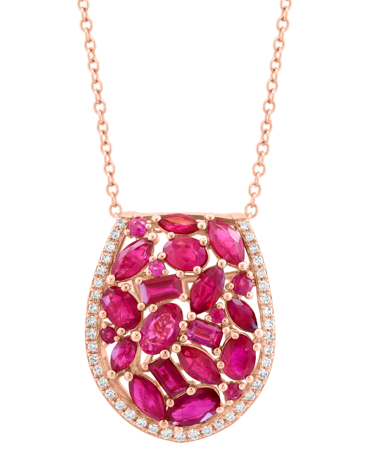 EFFY COLLECTION EFFY RUBY (2-1/2 CT. T.W.) & DIAMOND (1/6 CT. T.W.) MIXED CUT CLUSTER PENDANT NECKLACE IN 14K ROSE G 