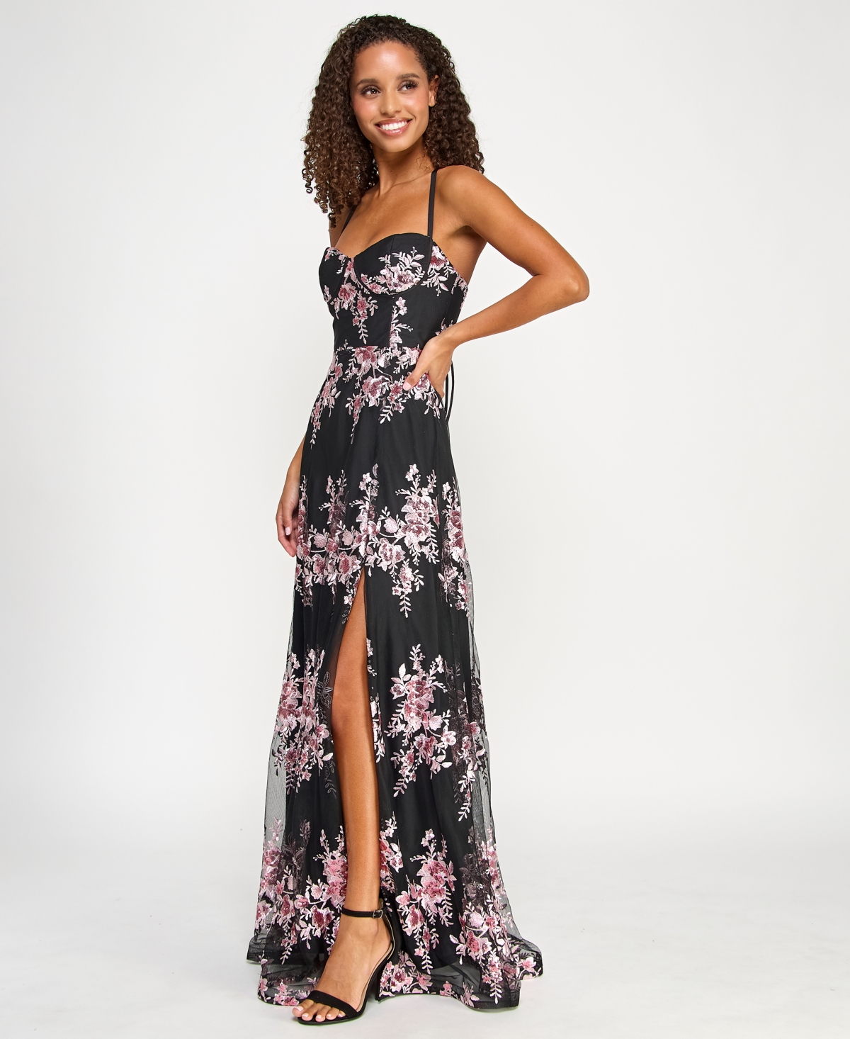Violet Weekend Juniors Sequin-embroidered Side-slit Gown In Black,pink