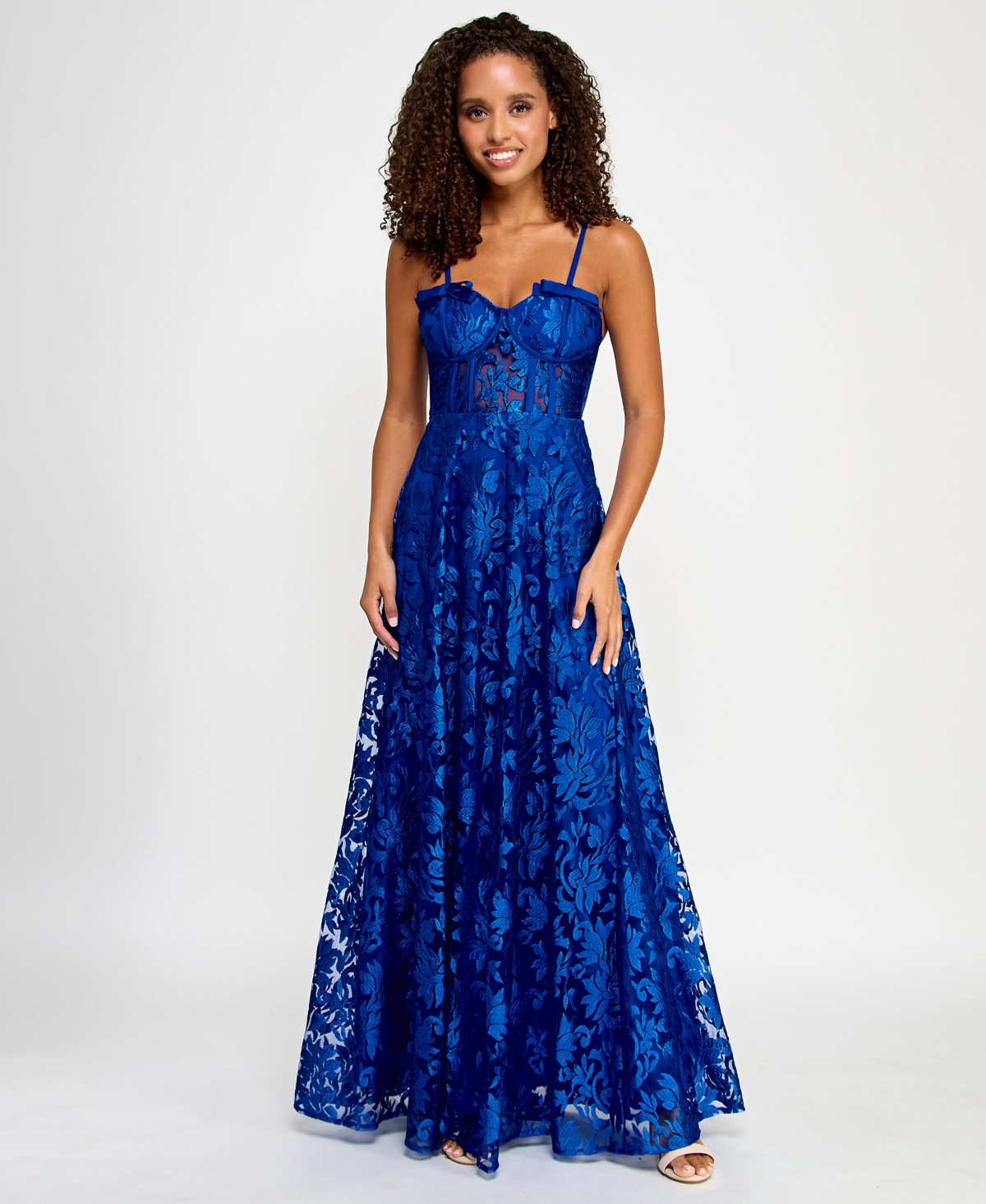 Juniors' Illusion-Corset Floral-Lace Gown - Sapphire
