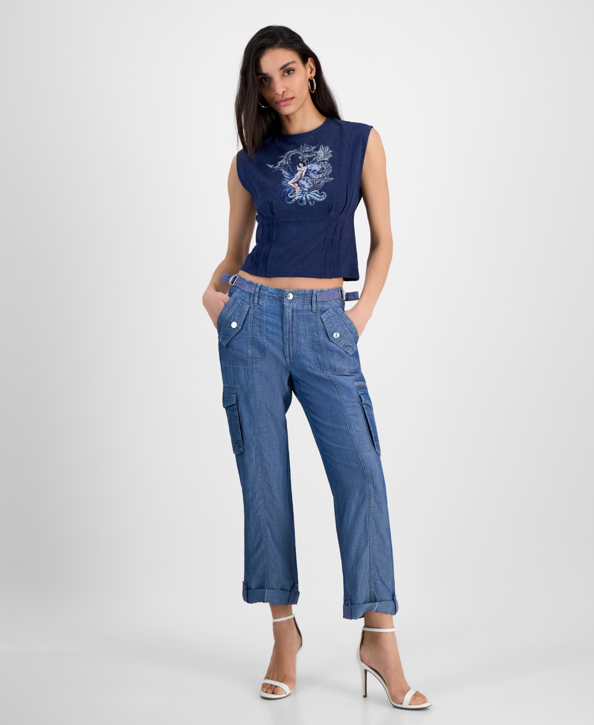 Guess Women's Nautical Or Nice Crewneck Corset Top In Blackened Blue Multi