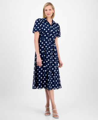 Sandra Darren - Petite Dot-Print Puff-Sleeve Button-Down Midi Dress