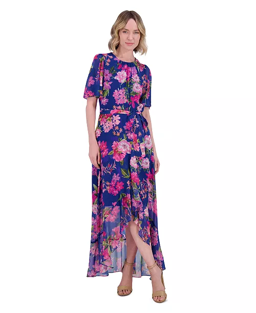 women's floral-print belted flutter-sleeve dress