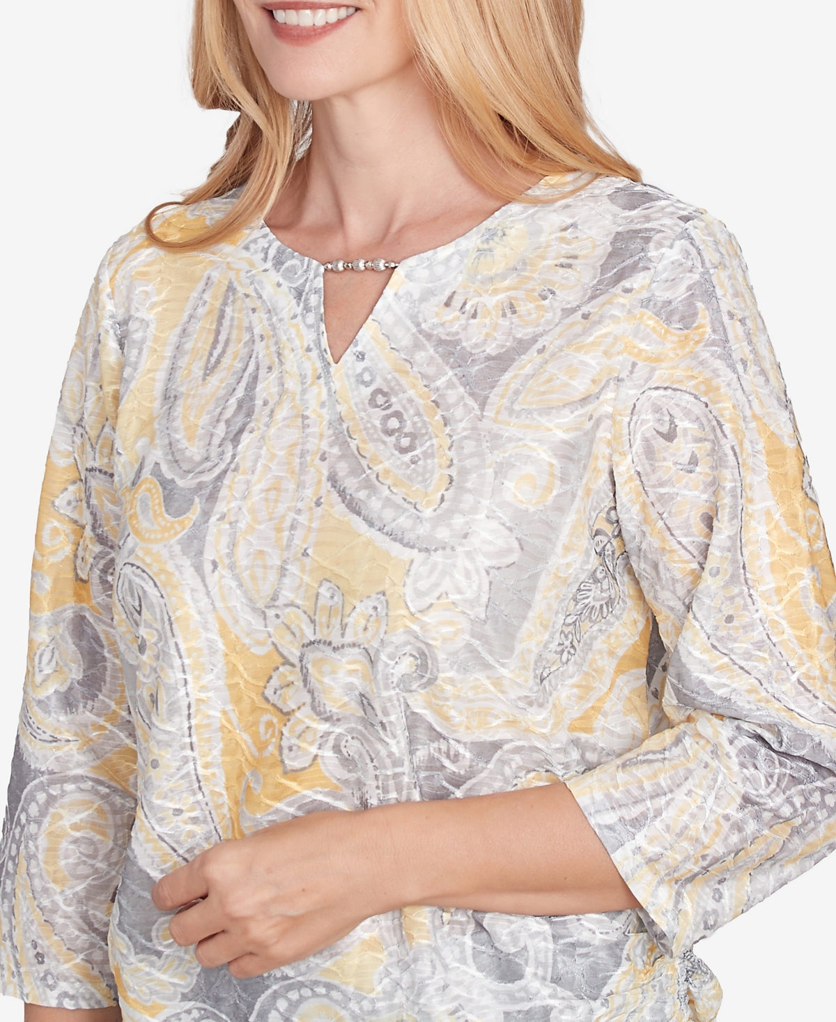 Alfred Dunner Petite Dress Code Textured Paisley Beaded Neck Top In Grey Multi