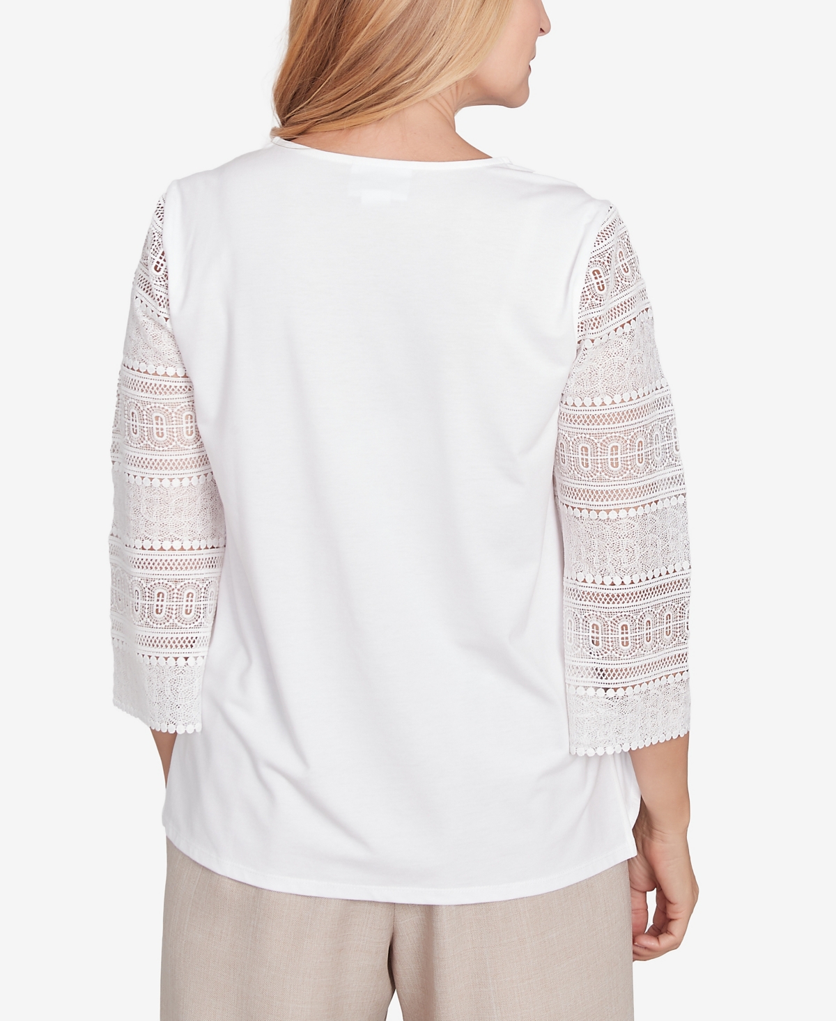 Alfred Dunner Petite Kensington Gardens Solid Lace Sleeve Knit Top With Necklace In Ivory