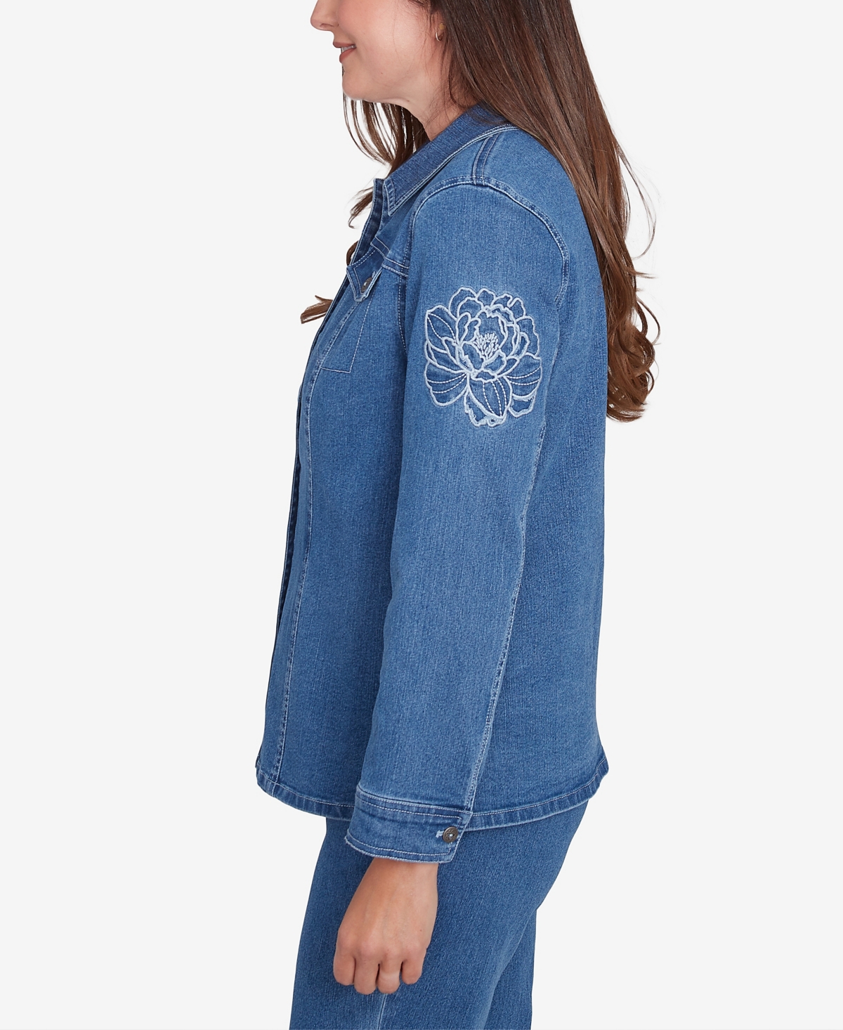 Alfred Dunner Petite Free Spirit Super Stretch Floral Denim Jacket In Medium Denim